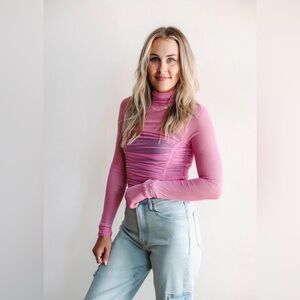 Free People Under it All bodysuit Large pink mesh top shirt FP